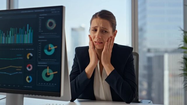 Business woman facing a financial crisis with a scared and worried expression at her work station Stock Video