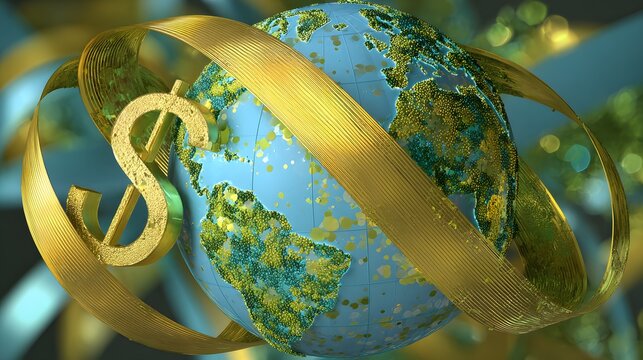 Golden currency symbol orbits the textured planet Earth against a blurred background