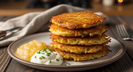 Golden Brown Potato Pancakes Stacked with Applesauce, Sour Cream, and Chives on a Dark Wooden Table
