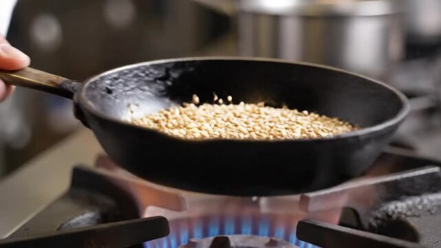 Cooking action toasting seeds in a skillet kitchen cooking demonstration home environment close-up view culinary techniques