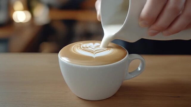 Pouring steamed milk into coffee to create latte art heart design for cafe beverage