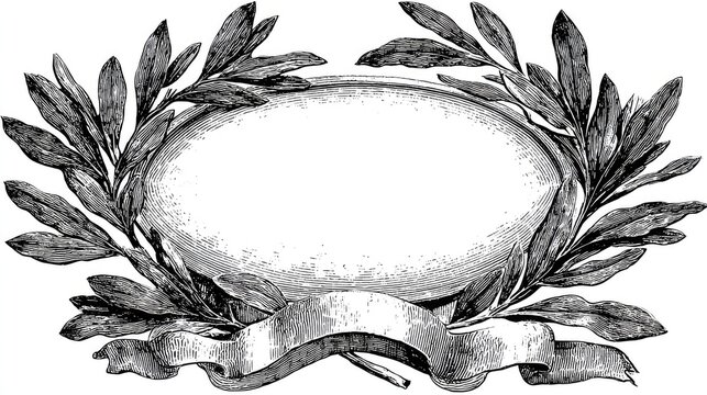 Ornate oval frame with laurel leaves and ribbon banner.