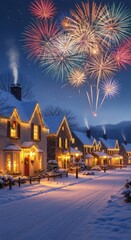 A Magical Winter Village Illuminated by Festive Christmas Lights and Vibrant Fireworks on a Snowy Night