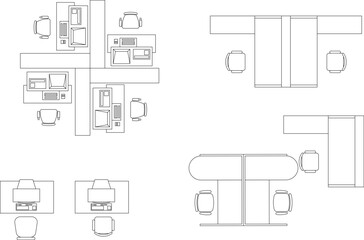 Line art vector set of modern office workstation clusters, desks, and chairs in plan view for architectural layouts.