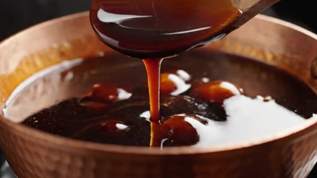 Pouring rich molasses syrup kitchen cooking process warm lighting close-up culinary art