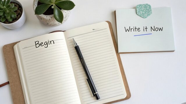 Aesthetic workspace setup with notebook, pen, succulent plant, and motivational note for creativity and productivity inspiration
