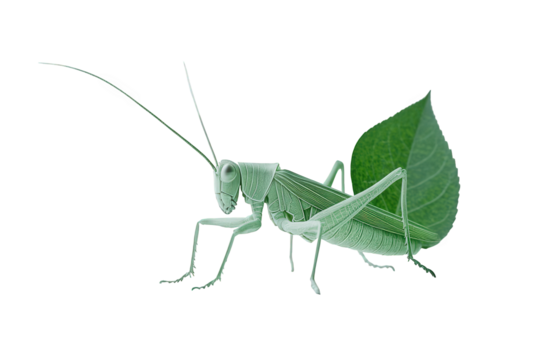 A green grasshopper isolated on transparent background, showcasing its intricate details and long antennae, perched gracefully with a leaf behind its body