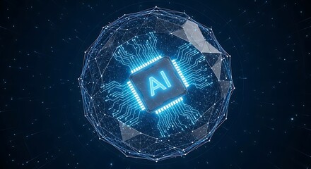 Abstract digital sphere with glowing ai chip at its core, representing artificial intelligence and neural networks in a futuristic concept
