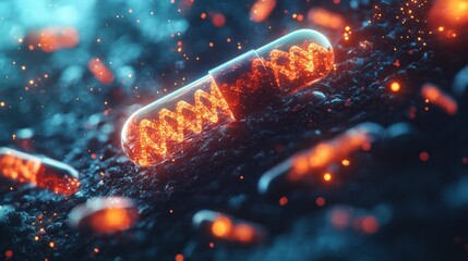 Highly detailed close-up image of a glowing digital DNA strand representing genetic code or bioinformatics technology illuminated with vibrant orange and blue sparks