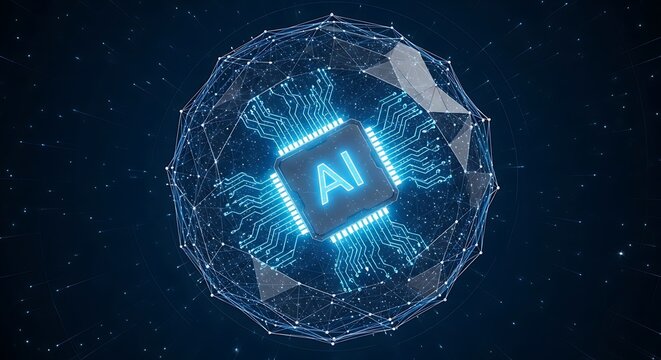 Abstract digital sphere with glowing ai chip at its core, representing artificial intelligence and neural networks in a futuristic concept