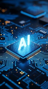 Glowing ai chip on a futuristic circuit board, symbolizing artificial intelligence and advanced technology