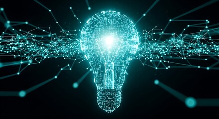 A glowing digital light bulb made of interconnected nodes and lines, symbolizing innovation and ideas
