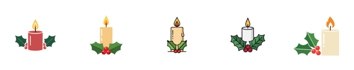 Solid Color Christmas Candle Vector Set Detailed Holly Berry Flat Illustration Holiday Graphic