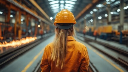 Female industrial worker wea safety helmet and work uniform standing in a modern manufactu factory with machinery and sparks in the background