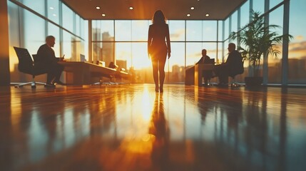Businesswoman Walking Through Modern Office with Large Overlooking Sunset Cityscape and Skyline Du Golden Hour with Colleagues Sitting and Working