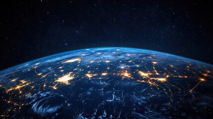 Stunning view of Earth from space showcasing city lights and dotted with stars under a dark night sky emphasizing global connectivity and cosmic beauty
