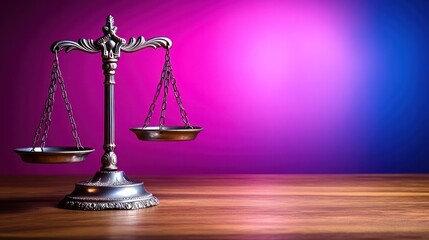 Elegant classic brass balance scale with empty pans on a wooden surface against a vibrant purple blue gradient background for legal, justice, and fairness concepts