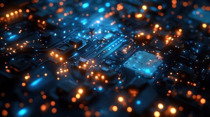 Close-up of a modern computer motherboard with intricate electronic circuits illuminated by colorful LED lights and glowing components, high-tech digital device