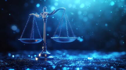 Elegant metallic balance scale with empty shallow dishes on a glitte blue sparkling background symbolizing justice fairness and impartiality in law and ethics