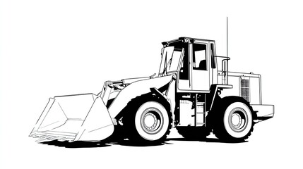 Naklejka premium A detailed line drawing of a front-end loader with a white background.