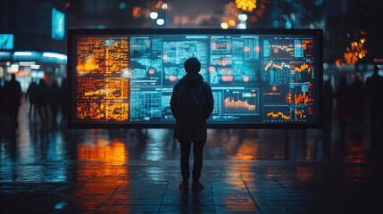 Young man standing in front of large digital stock market trading board displaying colorful financial data and charts du evening in urban city