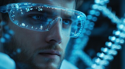 Close-up of a male scientist wea futuristic virtual reality or augmented reality glasses using advanced technology in a high-tech laboratory environment with blue lighting