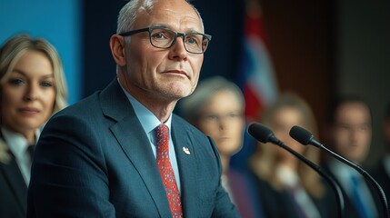 Prominent senior businessman in formal suit and glasses speaking at a professional conference or meeting with diverse ence and American flag in the background