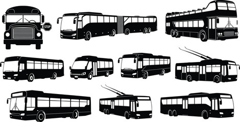 Bus silhouette set, public transport vector, city bus icons, trolleybus illustration, school bus shape, transit vehicle pack, black graphic © Hasem Creative
