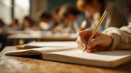 Close-up of a student's hand writing in a notebook with a pencil in a classroom setting with blurry background. Concept for academic success, educational resources and student life