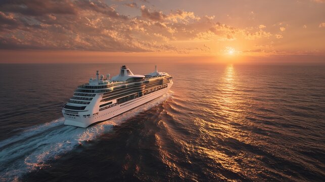 Luxury cruise ship sails on open ocean during a vibrant sunset with dramatic sky, concept for travel promotion, vacation planning and maritime industry materials