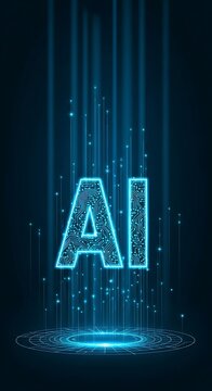 Digital ai logo with glowing blue futuristic circuit board effect and emanating light beams on a dark background