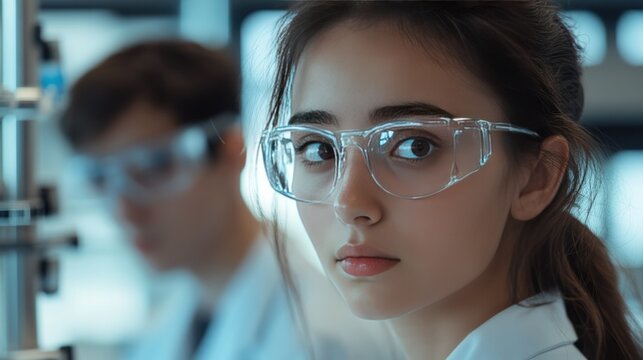 Close-up of a young female scientist or researcher wea protective glasses in a modern laboratory environment du a scientific experiment or analysis process