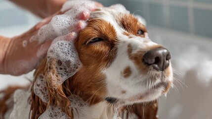 Close-up of person washing cocker spaniel with shampoo and foam in a bathtub with a tile backdrop, concept for pet care routine, animal hygiene and canine grooming session