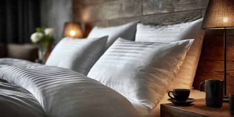 a closeup of white striped bed sheets on a side table, a hotel bedroom scene.