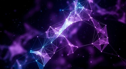 Abstract network of glowing purple and blue lines and dots against a dark, misty background, representing data connections