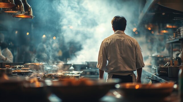 Back view of chef preparing food in busy commercial kitchen filled with steam, concept for culinary arts, restaurant business and professional cooking