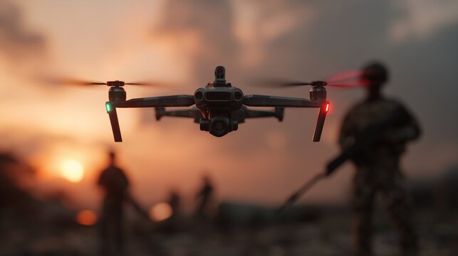 Drone in flight during military operation at dusk, with soldiers in the background, concept for surveillance, tactical advantage and border patrol