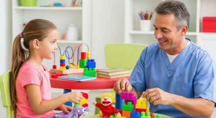A smiling man and a young girl playing with colorful building blocks in a brightly lit room with green and red chairs.