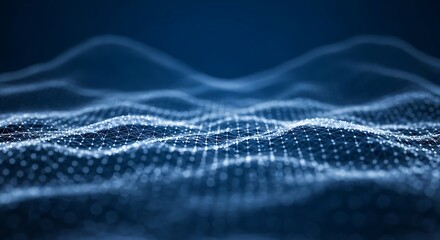 Abstract digital network visualization with glowing particles and connections on a dark blue background
