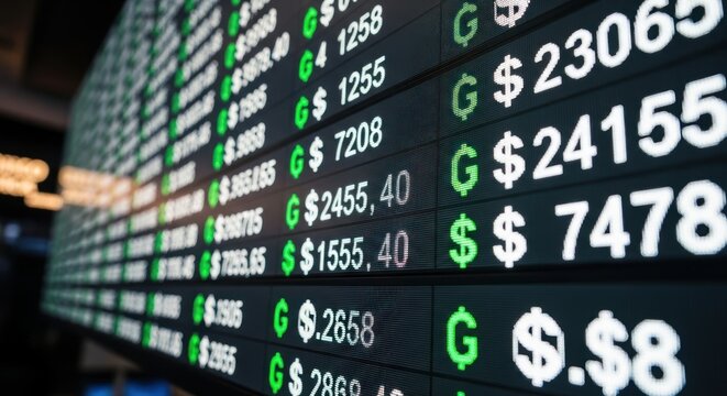 Stock market display board with green and white numbers and symbols. - Powered by Adobe
