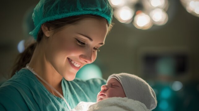 Smiling doctor cradling a newborn baby in the operating room with soft lighting, concept for maternity care, medical advancements and family planning advertisement - Powered by Adobe