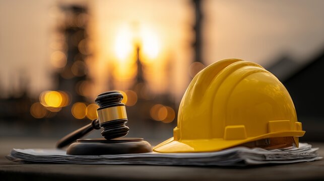 Yellow hard hat and gavel on documents with refinery in background and sunset. concept for labor law, industrial safety regulations and workplace accident compensation