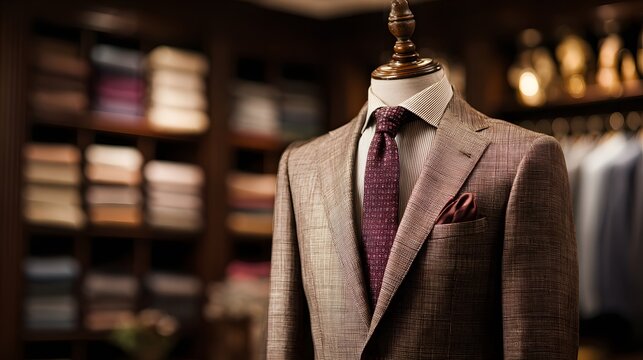 Tailored men's suit jacket displayed on a wooden mannequin in a fine clothing establishment