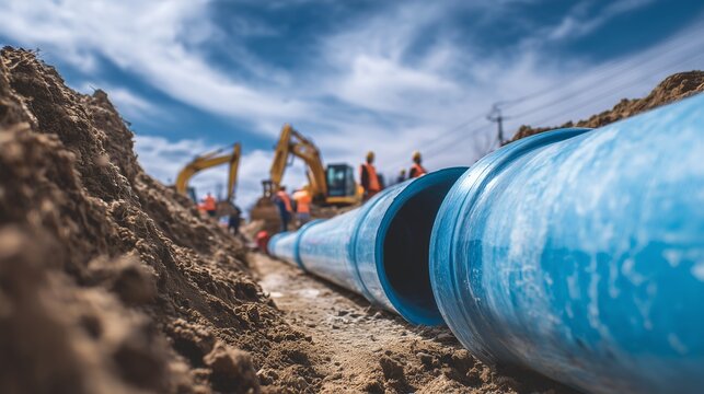 Large blue pipes laid in a trench at construction site with heavy machinery in the background, concept for water supply infrastructure, industrial development and civil engineering projects