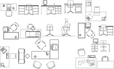 Comprehensive line art vector set of office furniture and equipment: desks, chairs, computers, and files in plan, elevation, and side views. © Riki
