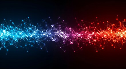 Abstract glowing network of particles transitioning from blue to red, representing data flow and connectivity