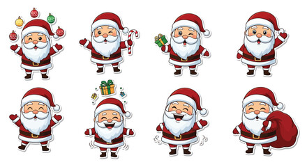 A collection of cartoon Santa Claus illustrations in various festive poses, ready for Christmas.