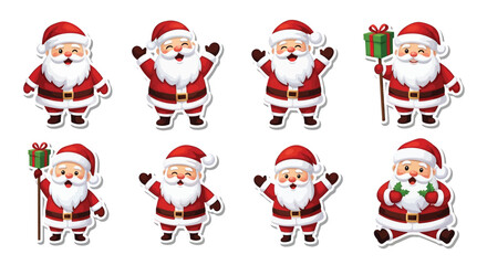 A collection of cartoon Santa Claus figures in various poses, ready for the holidays.