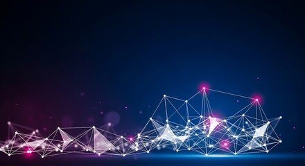 Abstract digital network structure with glowing nodes and lines on a dark blue background, representing data connections and technology