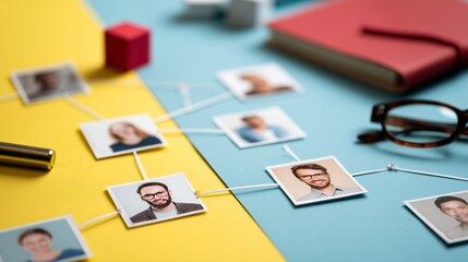 Portraits connected with strings on colorful backgrounds, displaying team networking and connection concept for recruitment process, employee relations and social media influence project